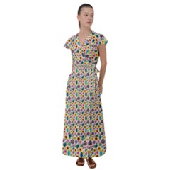 Floral Flowers Leaves Tropical Pattern Flutter Sleeve Maxi Dress