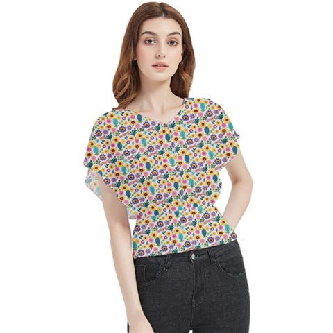 Floral Flowers Leaves Tropical Pattern Butterfly Chiffon Blouse by Maspions