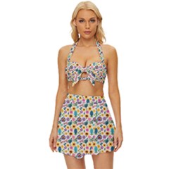 Floral Flowers Leaves Tropical Pattern Vintage Style Bikini Top And Skirt Set 