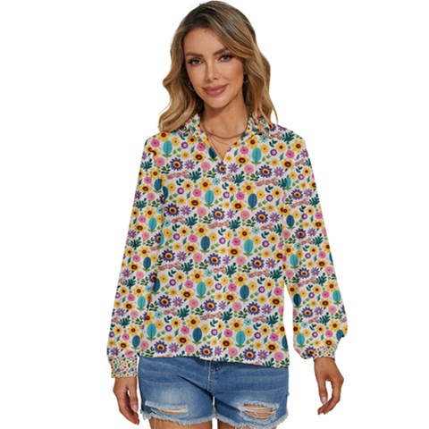 Floral Flowers Leaves Tropical Pattern Women s Long Sleeve Button Up Shirt by Maspions