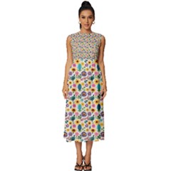 Floral Flowers Leaves Tropical Pattern Sleeveless Round Neck Midi Dress