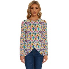 Floral Flowers Leaves Tropical Pattern Long Sleeve Crew Neck Pullover Top