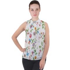 Vintage Floral Flower Pattern Art Nature Blooming Blossom Botanical Botany Mock Neck Chiffon Sleeveless Top