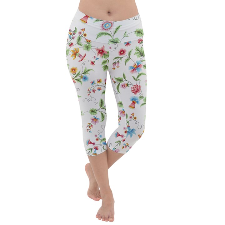 Vintage Floral Flower Pattern Art Nature Blooming Blossom Botanical Botany Lightweight Velour Capri Yoga Leggings