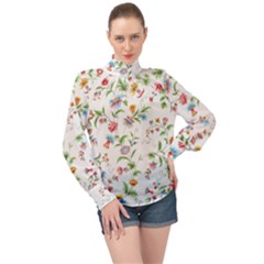 Vintage Floral Flower Pattern Art Nature Blooming Blossom Botanical Botany High Neck Long Sleeve Chiffon Top by Maspions