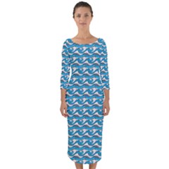 Blue Wave Sea Ocean Pattern Background Beach Nature Water Quarter Sleeve Midi Bodycon Dress