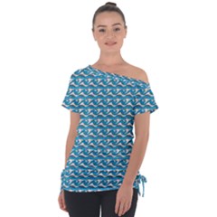 Blue Wave Sea Ocean Pattern Background Beach Nature Water Off Shoulder Tie-up T-shirt