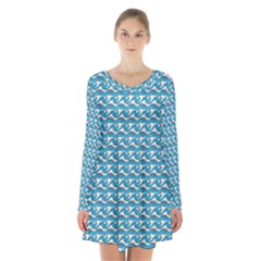 Blue Wave Sea Ocean Pattern Background Beach Nature Water Long Sleeve Velvet V-neck Dress