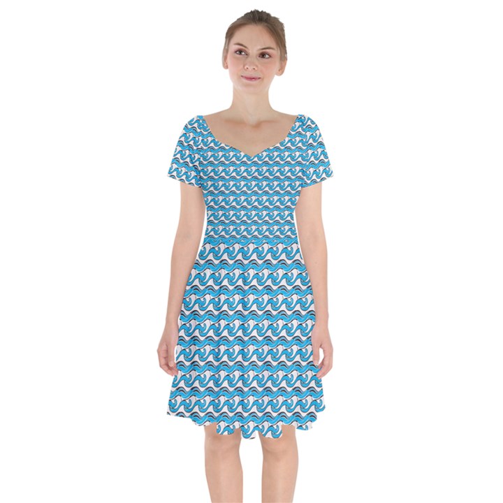 Blue Wave Sea Ocean Pattern Background Beach Nature Water Short Sleeve Bardot Dress