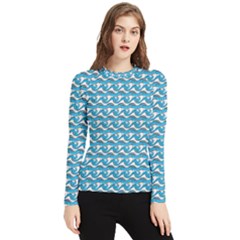 Blue Wave Sea Ocean Pattern Background Beach Nature Water Women s Long Sleeve Rash Guard