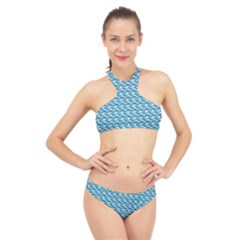 Blue Wave Sea Ocean Pattern Background Beach Nature Water High Neck Bikini Set