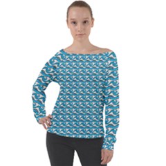 Blue Wave Sea Ocean Pattern Background Beach Nature Water Off Shoulder Long Sleeve Velour Top by Maspions