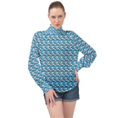 Blue Wave Sea Ocean Pattern Background Beach Nature Water High Neck Long Sleeve Chiffon Top