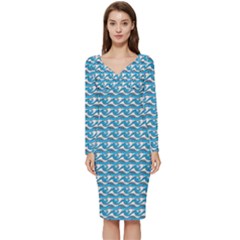 Blue Wave Sea Ocean Pattern Background Beach Nature Water Long Sleeve V-neck Bodycon Dress 