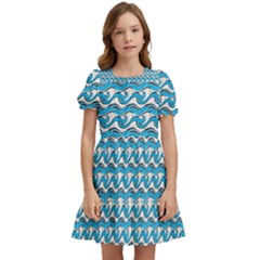 Blue Wave Sea Ocean Pattern Background Beach Nature Water Kids  Puff Sleeved Dress