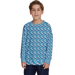 Blue Wave Sea Ocean Pattern Background Beach Nature Water Kids  Crewneck Sweatshirt by Maspions