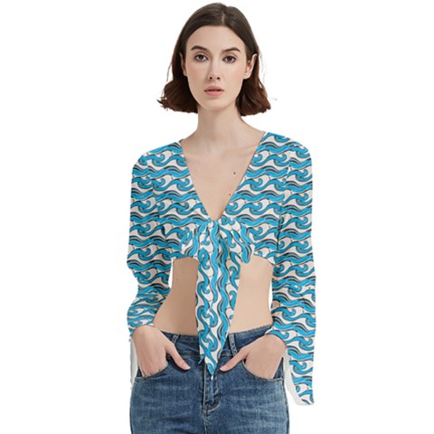 Blue Wave Sea Ocean Pattern Background Beach Nature Water Trumpet Sleeve Cropped Top by Maspions