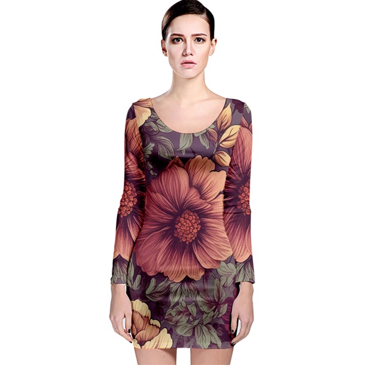 Flowers Pattern Texture Design Nature Art Colorful Surface Vintage Long Sleeve Bodycon Dress