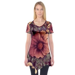 Flowers Pattern Texture Design Nature Art Colorful Surface Vintage Short Sleeve Tunic 