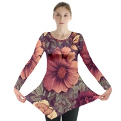 Flowers Pattern Texture Design Nature Art Colorful Surface Vintage Long Sleeve Tunic 