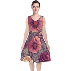 Flowers Pattern Texture Design Nature Art Colorful Surface Vintage V-neck Midi Sleeveless Dress 