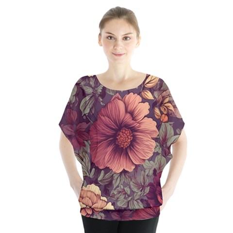 Flowers Pattern Texture Design Nature Art Colorful Surface Vintage Batwing Chiffon Blouse by Maspions