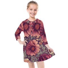 Flowers Pattern Texture Design Nature Art Colorful Surface Vintage Kids  Quarter Sleeve Shirt Dress