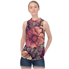 Flowers Pattern Texture Design Nature Art Colorful Surface Vintage High Neck Satin Top