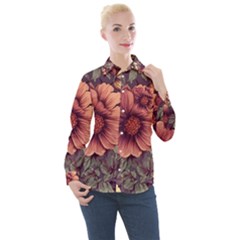 Flowers Pattern Texture Design Nature Art Colorful Surface Vintage Women s Long Sleeve Pocket Shirt