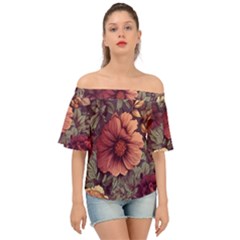 Flowers Pattern Texture Design Nature Art Colorful Surface Vintage Off Shoulder Short Sleeve Top