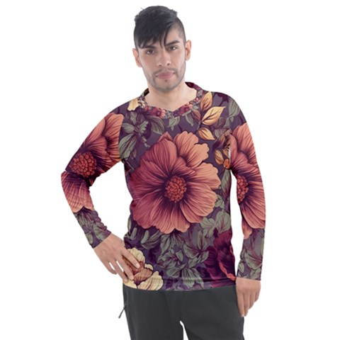 Flowers Pattern Texture Design Nature Art Colorful Surface Vintage Men s Pique Long Sleeve T-shirt by Maspions