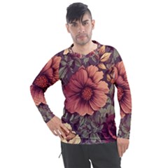 Flowers Pattern Texture Design Nature Art Colorful Surface Vintage Men s Pique Long Sleeve T-shirt