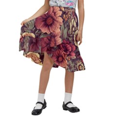 Flowers Pattern Texture Design Nature Art Colorful Surface Vintage Kids  Ruffle Flared Wrap Midi Skirt