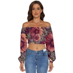 Flowers Pattern Texture Design Nature Art Colorful Surface Vintage Long Sleeve Crinkled Weave Crop Top