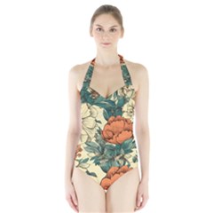 Flowers Pattern Texture Art Colorful Nature Painting Surface Vintage Halter Swimsuit