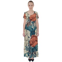 Flowers Pattern Texture Art Colorful Nature Painting Surface Vintage High Waist Short Sleeve Maxi Dress