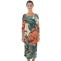 Flowers Pattern Texture Art Colorful Nature Painting Surface Vintage Quarter Sleeve Midi Bodycon Dress