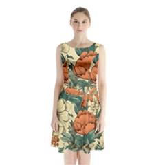 Flowers Pattern Texture Art Colorful Nature Painting Surface Vintage Sleeveless Waist Tie Chiffon Dress