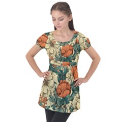 Flowers Pattern Texture Art Colorful Nature Painting Surface Vintage Puff Sleeve Tunic Top