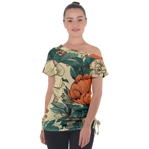 Flowers Pattern Texture Art Colorful Nature Painting Surface Vintage Off Shoulder Tie-up T-shirt by Maspions