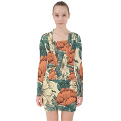 Flowers Pattern Texture Art Colorful Nature Painting Surface Vintage V-neck Bodycon Long Sleeve Dress