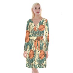 Flowers Pattern Texture Art Colorful Nature Painting Surface Vintage Long Sleeve Velvet Front Wrap Dress by Maspions