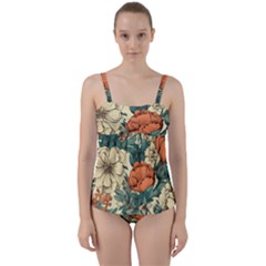 Flowers Pattern Texture Art Colorful Nature Painting Surface Vintage Twist Front Tankini Set