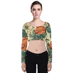 Flowers Pattern Texture Art Colorful Nature Painting Surface Vintage Velvet Long Sleeve Crop Top by Maspions