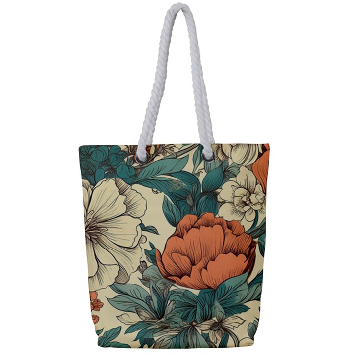 Flowers Pattern Texture Art Colorful Nature Painting Surface Vintage Full Print Rope Handle Tote (Small)