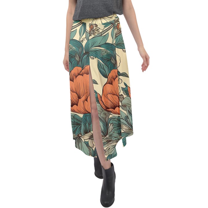 Flowers Pattern Texture Art Colorful Nature Painting Surface Vintage Velour Split Maxi Skirt