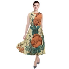 Flowers Pattern Texture Art Colorful Nature Painting Surface Vintage Round Neck Boho Dress