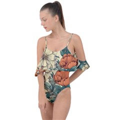 Flowers Pattern Texture Art Colorful Nature Painting Surface Vintage Drape Piece Swimsuit