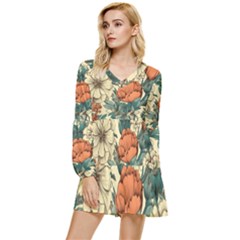 Flowers Pattern Texture Art Colorful Nature Painting Surface Vintage Tiered Long Sleeve Mini Dress