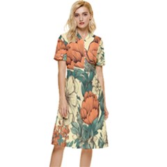 Flowers Pattern Texture Art Colorful Nature Painting Surface Vintage Button Top Knee Length Dress